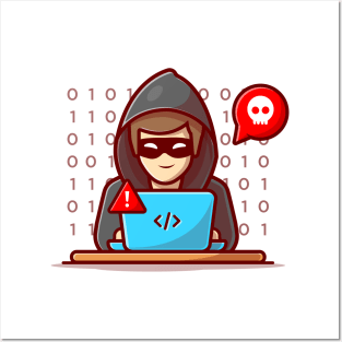 Hacker operating a laptop cartoon Posters and Art